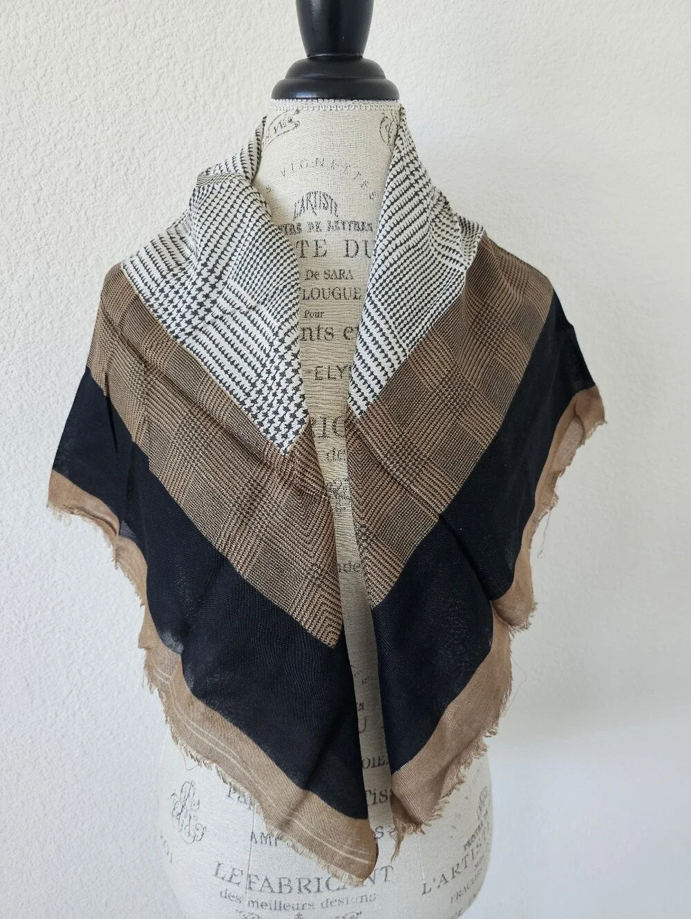 Vintage Italian Rayon Square Scarf Robinson's Houndstooth Glen Plaid Tan Black